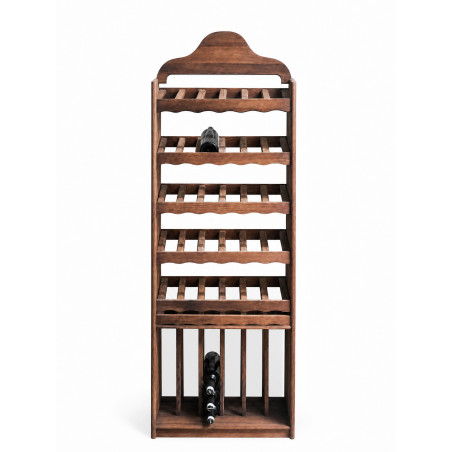 Botellero vertical de madera disponible en dos modelos, con diferentes configuraciones en la parte inferior. Incluye varios esta