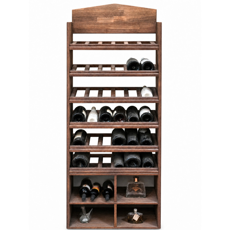 Botellero vertical de madera disponible en dos modelos, con diferentes configuraciones en la parte inferior. Incluye varios esta